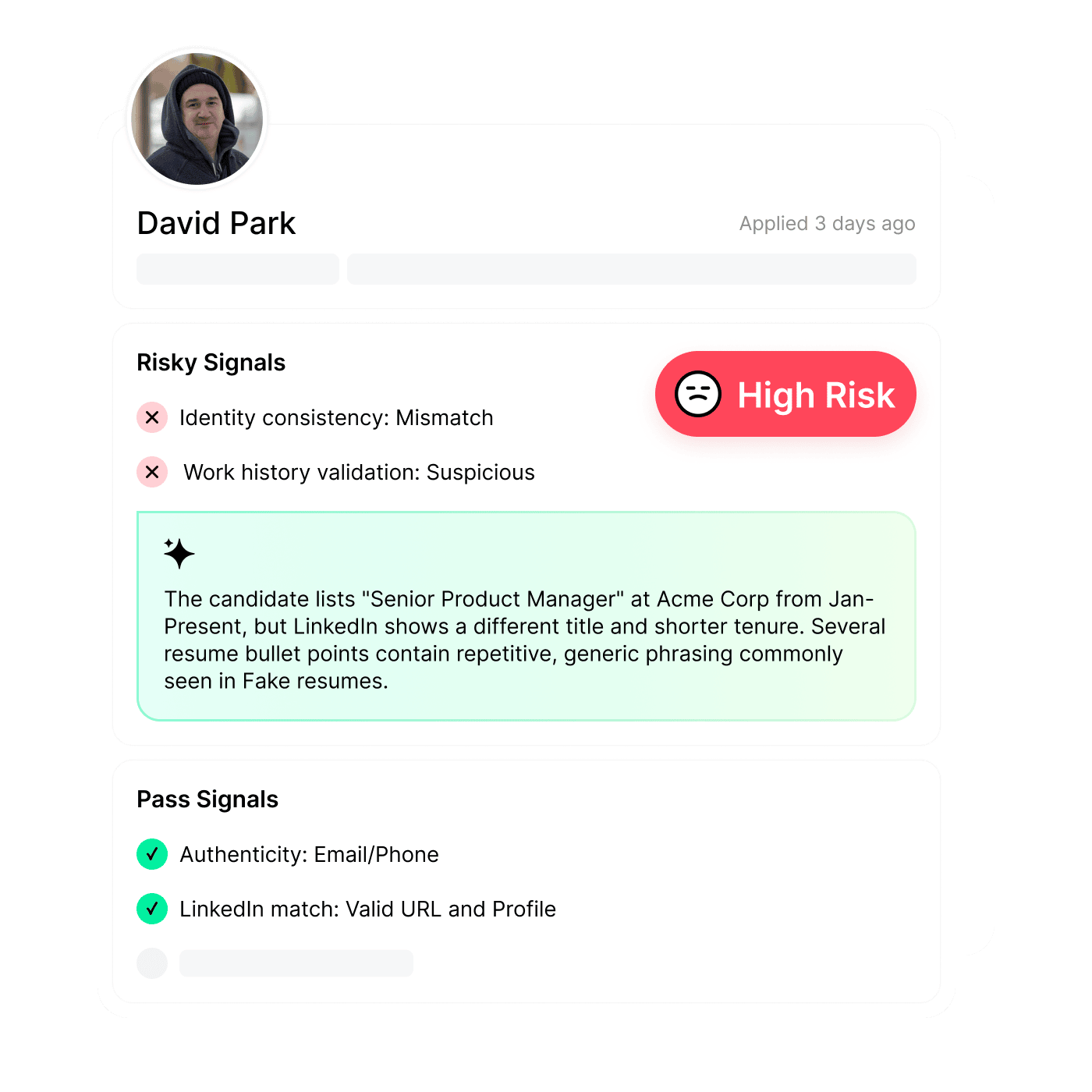 Jobright candidate fraud detection report showing high-risk applicant signals