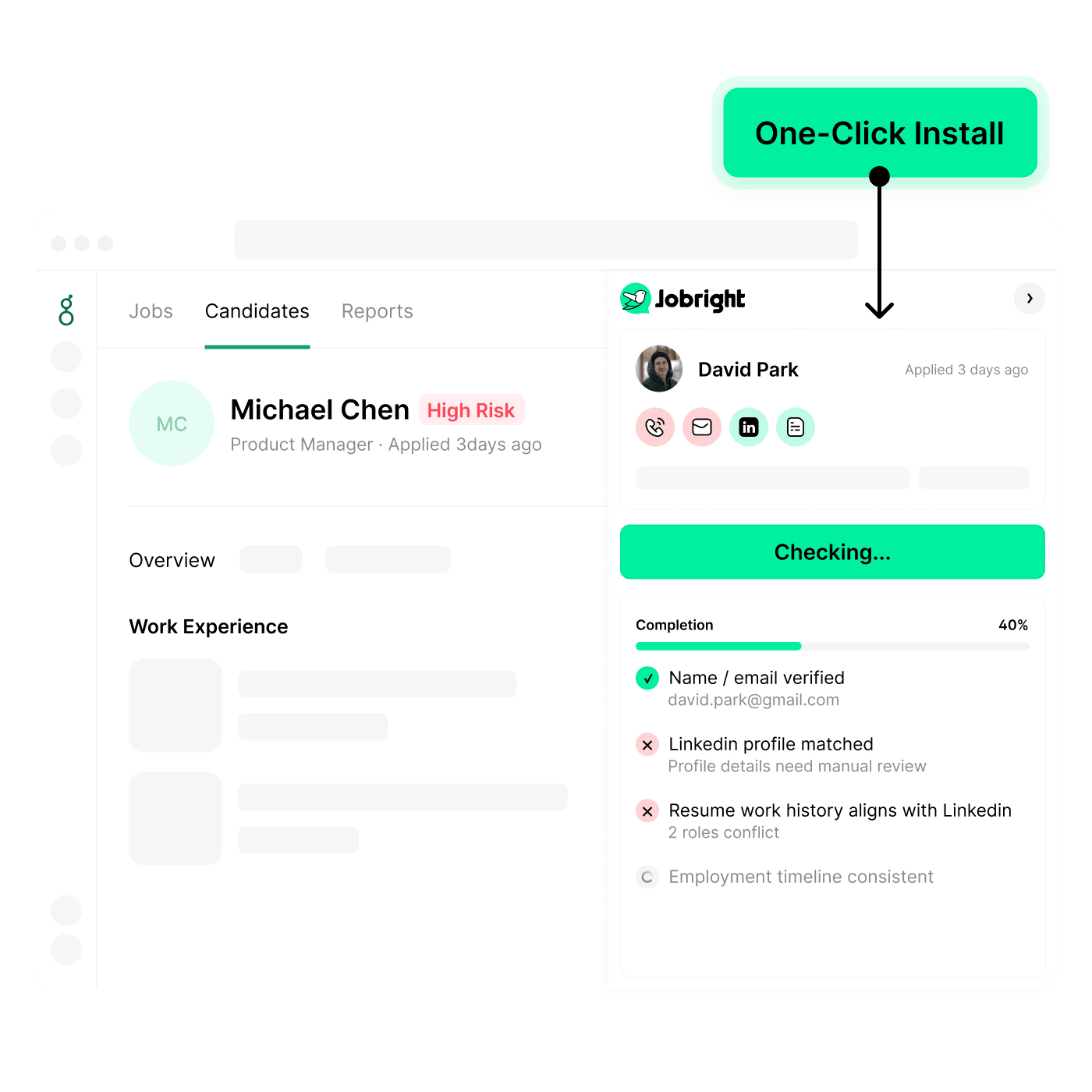 One-click fake candidate detection inside an ATS using the Jobright Chrome extension