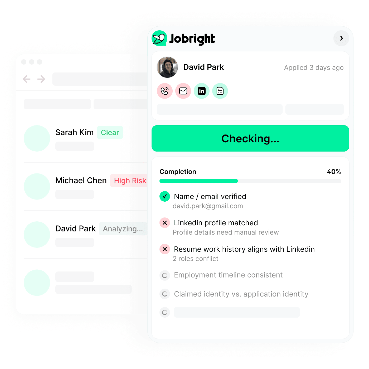Jobright Chrome extension detecting fake candidate risk signals inside an ATS