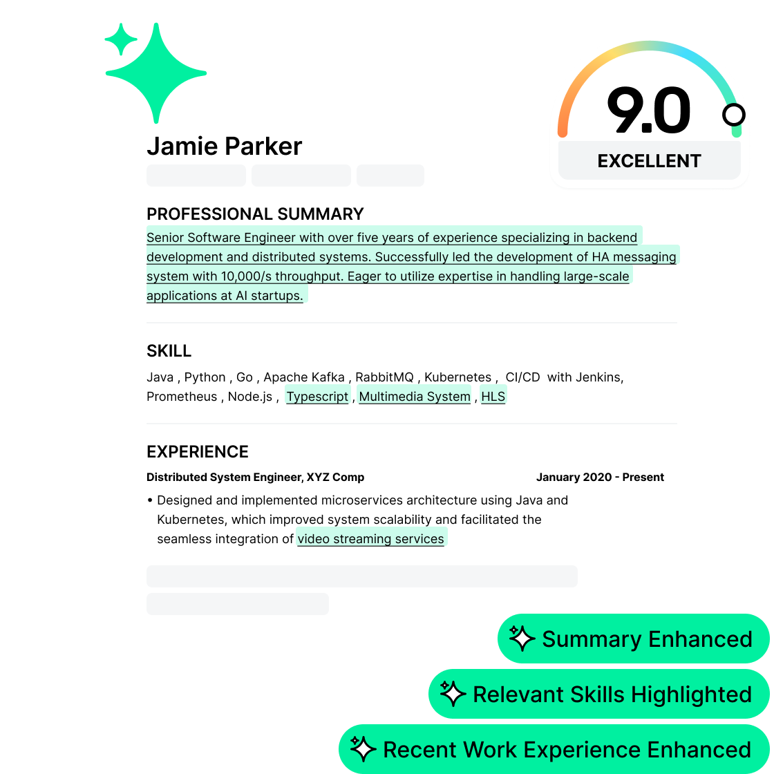 Jobright resume product illustration highlighting the professional summary, skills, and experience in an existing resume